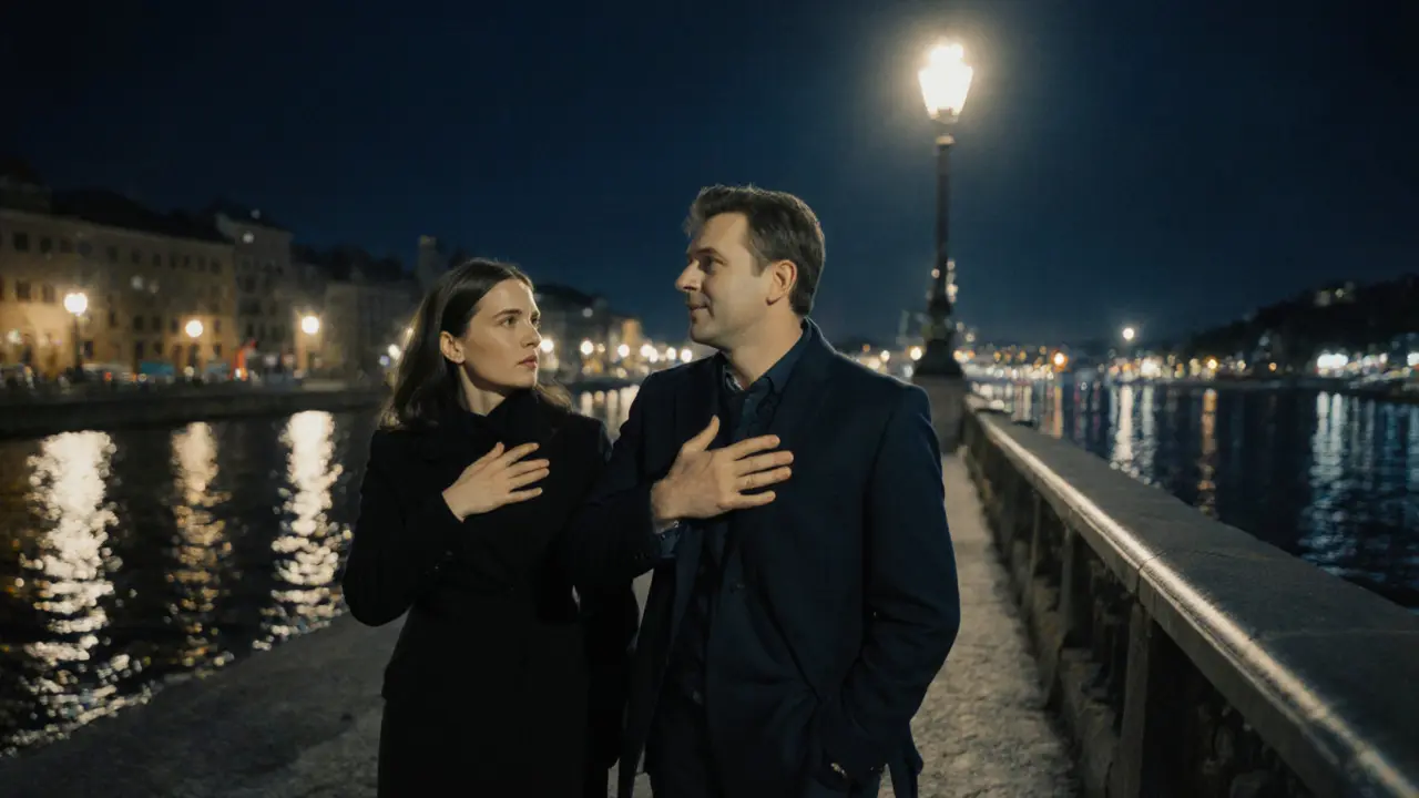 A man thanks a woman on the Danube promenade at night, showing trust.
