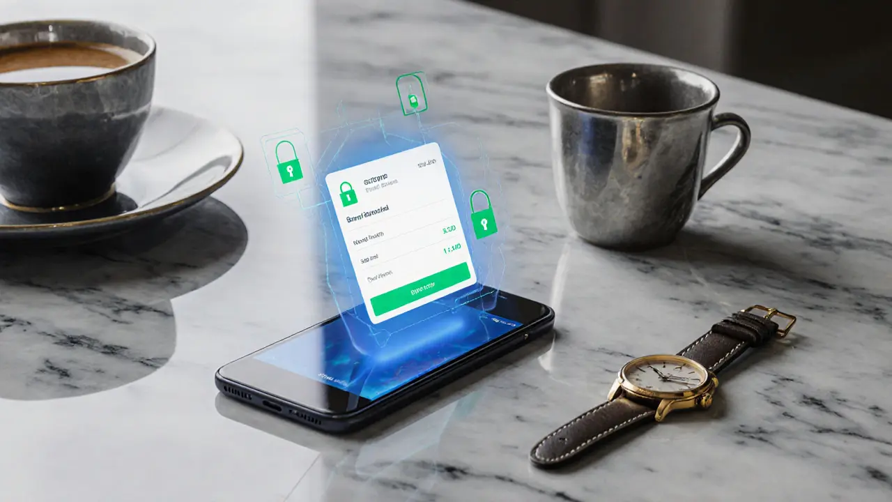 Close-up of a smartphone showing a secure encrypted booking portal on a marble surface.