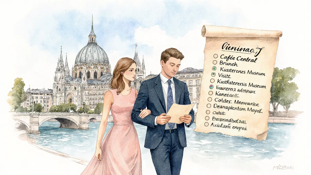 Elegant couple reviewing itinerary while strolling past Vienna landmarks in watercolor style.