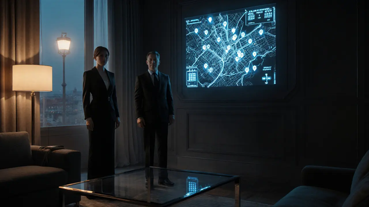Escort and security guard reviewing GPS map in a dim hotel lobby at dusk.