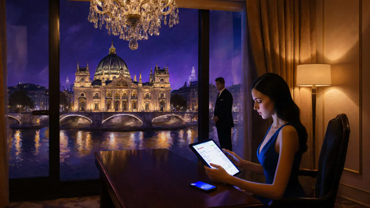 Escort in a private suite reviewing digital invoice after a night appointment.