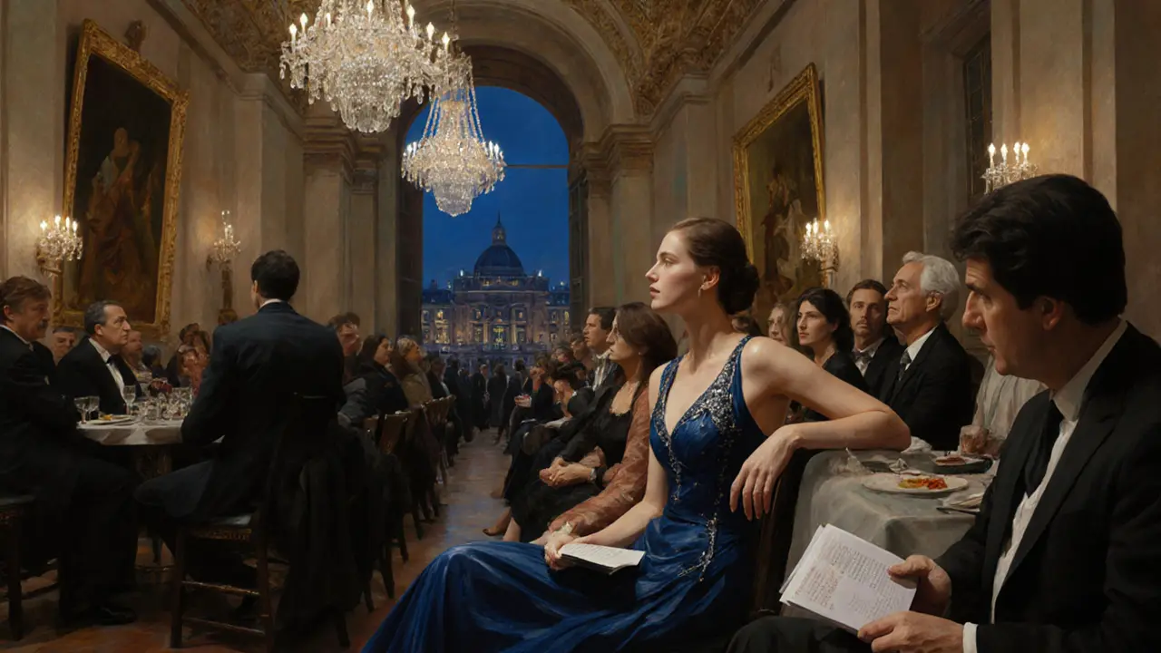 Escort seated front row at a museum gala, discussing art with a curator beside the opera hall.