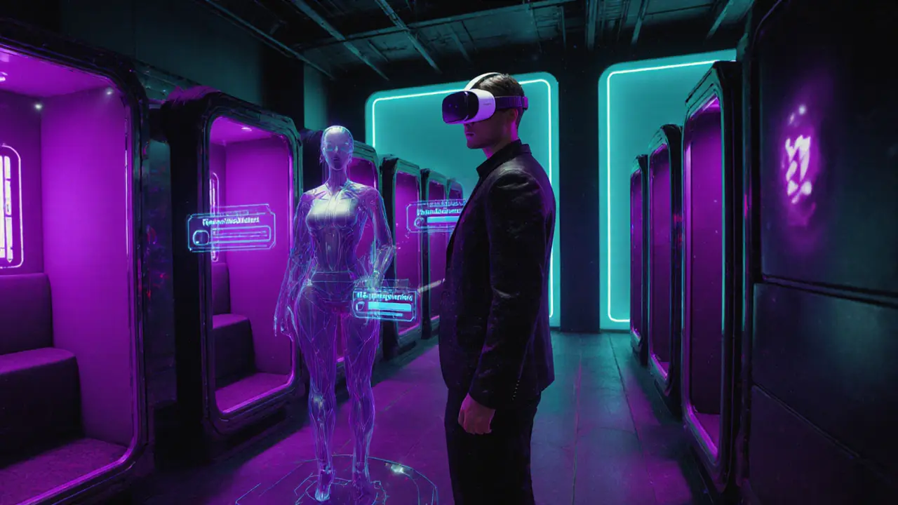 Futuristic VR lounge with neon lighting, private pods, and a companion avatar interacting with a client.