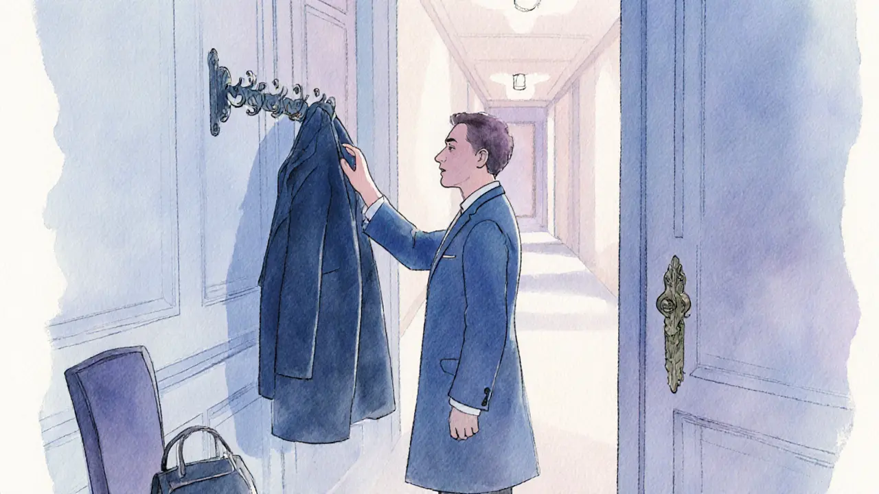 Illustration of a hand reaching for a coat and a subtle turn toward a hallway indicating a goodbye.