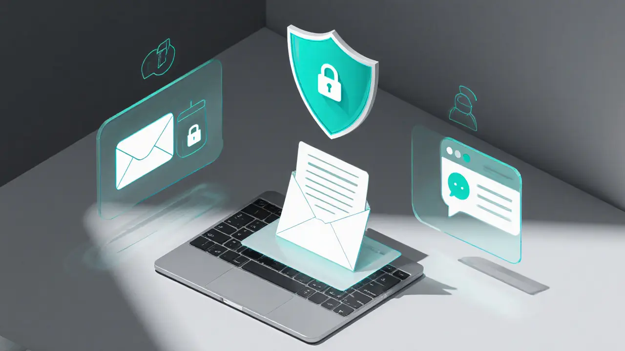 Laptop with envelope, shield, and floating icons representing email, VPN, and in‑app messaging.