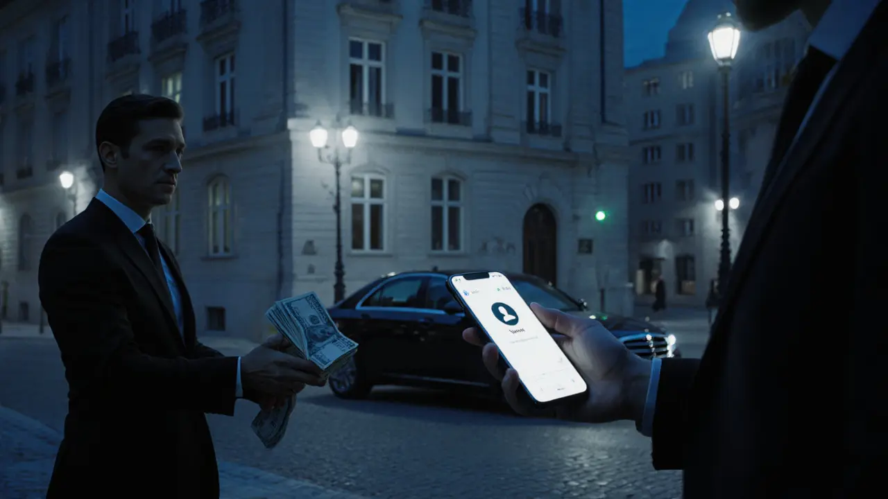 Night street scene showing cash exchange, a rideshare car, and a phone indicating discreet payment.