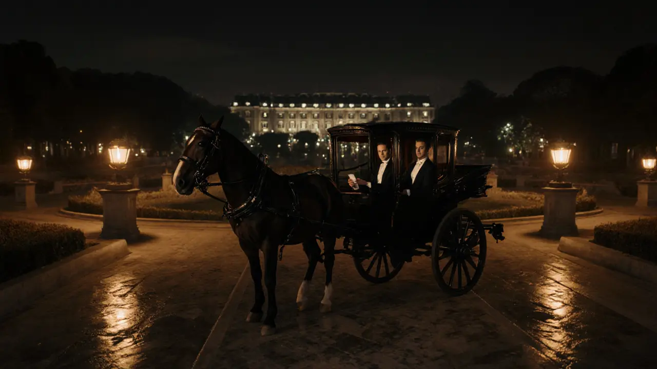 Nighttime carriage ride by Schönbrunn Palace gardens with couple holding checklist.