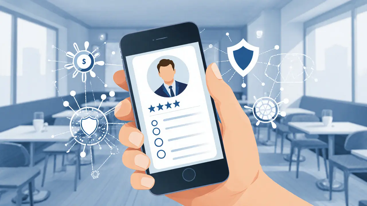 Smartphone screen showing a professional profile card, safety icons, and AI matchmaking visuals.