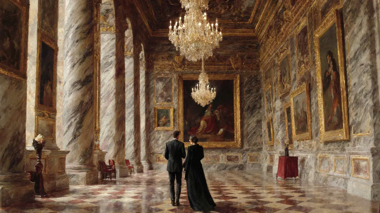 Sophisticated companion leading a client through a grand Viennese museum gallery.