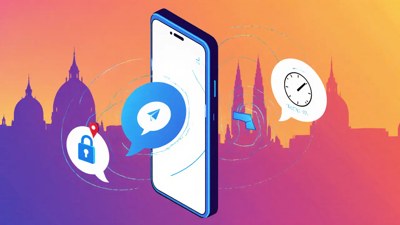 Split-screen phone showing secure chat bubbles with lock and timer icons over a Vienna sunset.