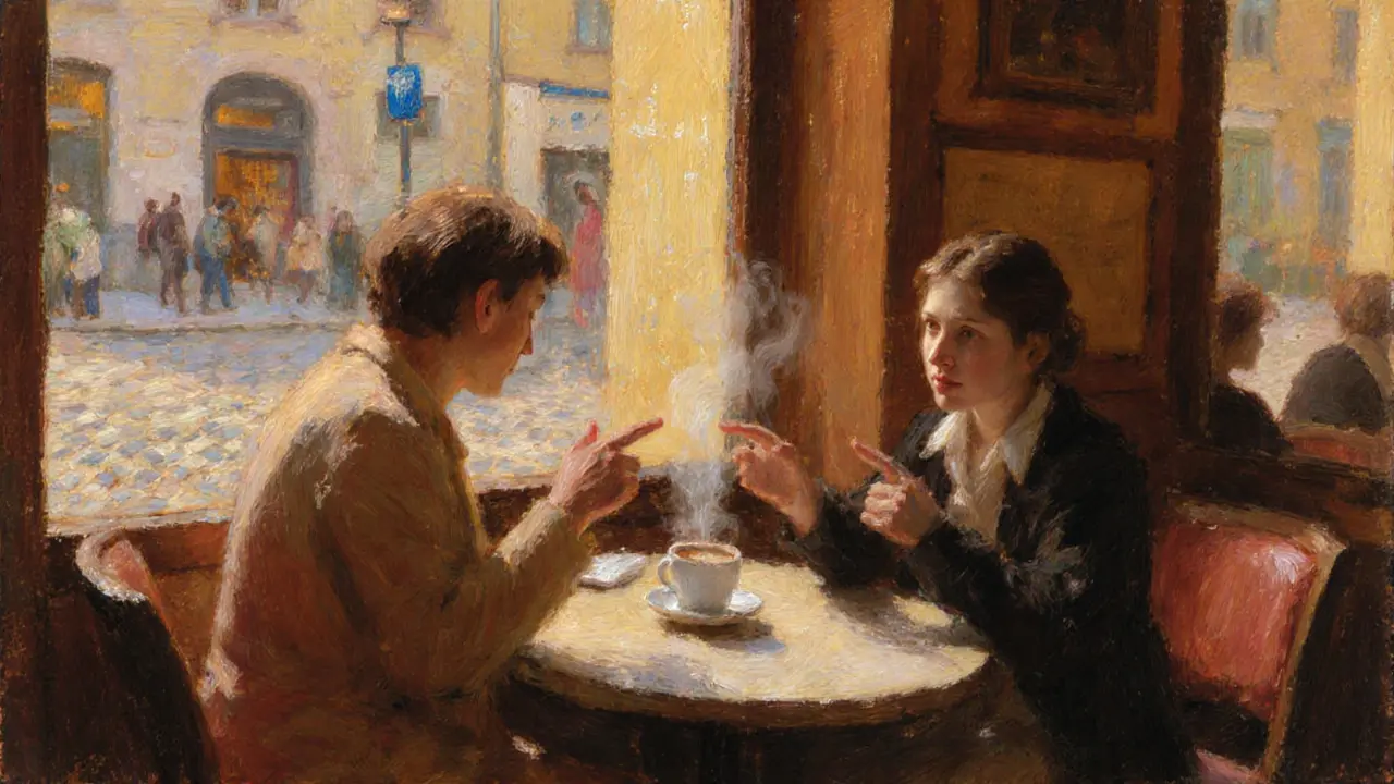 Two people share coffee in a warm Viennese café, chatting.