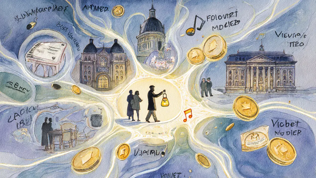 Watercolor map showing an escort guiding visitors through Vienna's cultural landmarks, symbolizing economic impact.